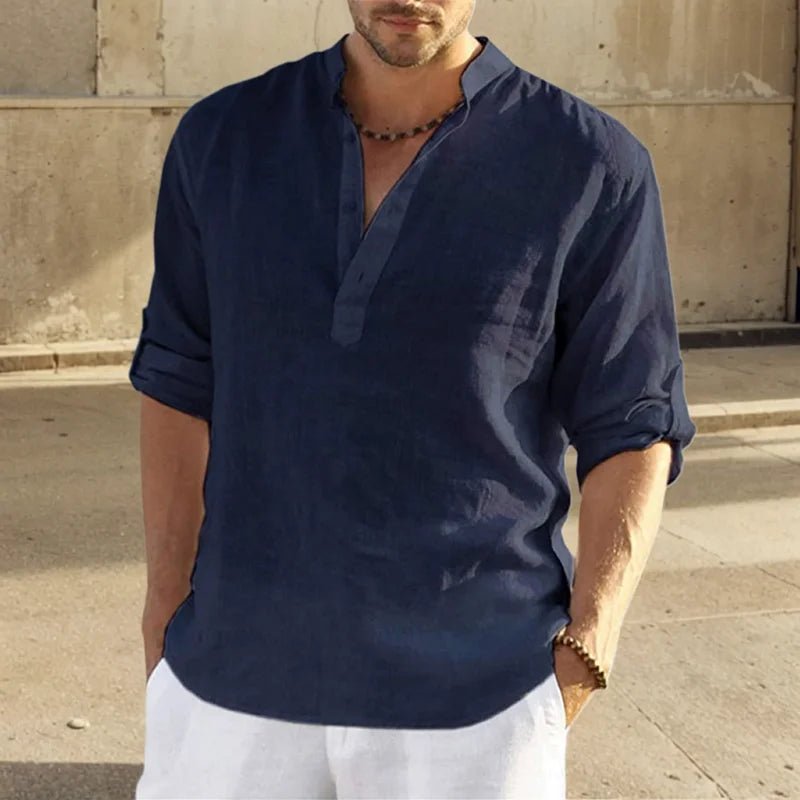 2026 Blouse décontractée ample coton lin hommes chemise mode col montant pur à manches longues t-shirt beau haut ajusté vêtements - FATAON2026 Blouse décontractée ample coton lin hommes chemise mode col montant pur à manches longues t-shirt beau haut ajusté vêtementsMode HommeFATAON