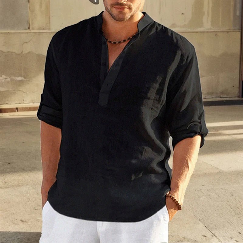 2026 Blouse décontractée ample coton lin hommes chemise mode col montant pur à manches longues t-shirt beau haut ajusté vêtements - FATAON2026 Blouse décontractée ample coton lin hommes chemise mode col montant pur à manches longues t-shirt beau haut ajusté vêtementsMode HommeFATAON