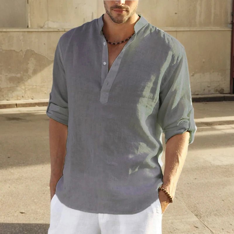 2026 Blouse décontractée ample coton lin hommes chemise mode col montant pur à manches longues t-shirt beau haut ajusté vêtements - FATAON2026 Blouse décontractée ample coton lin hommes chemise mode col montant pur à manches longues t-shirt beau haut ajusté vêtementsMode HommeFATAON