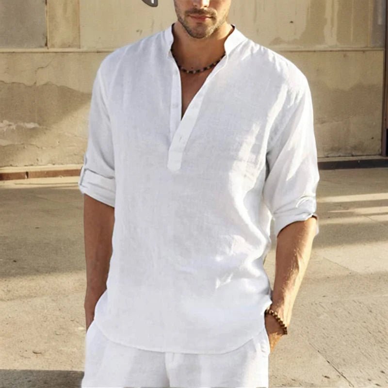 2026 Blouse décontractée ample coton lin hommes chemise mode col montant pur à manches longues t-shirt beau haut ajusté vêtements - FATAON2026 Blouse décontractée ample coton lin hommes chemise mode col montant pur à manches longues t-shirt beau haut ajusté vêtementsMode HommeFATAON