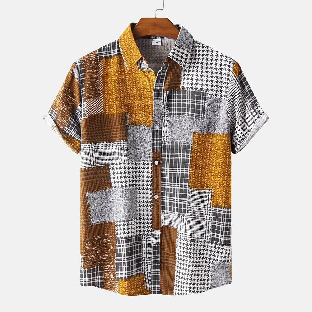 2026 nouveaux hommes d'été à manches courtes chemise Vintage Patchwork imprimé boutonné T-Shirt Hawaii mode confortable chemise à revers - FATAON2026 nouveaux hommes d'été à manches courtes chemise Vintage Patchwork imprimé boutonné T-Shirt Hawaii mode confortable chemise à reversMode HommeFATAON
