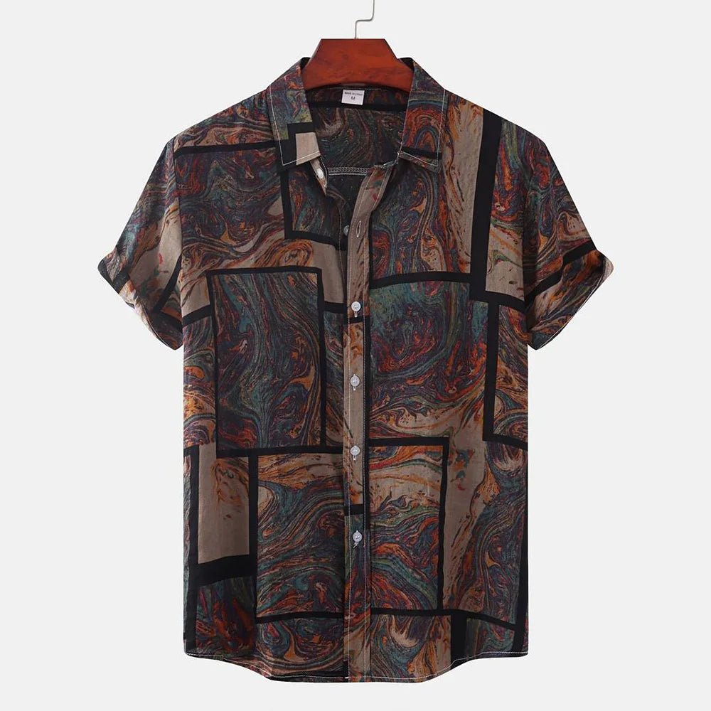 2026 nouveaux hommes d'été à manches courtes chemise Vintage Patchwork imprimé boutonné T-Shirt Hawaii mode confortable chemise à revers - FATAON2026 nouveaux hommes d'été à manches courtes chemise Vintage Patchwork imprimé boutonné T-Shirt Hawaii mode confortable chemise à reversMode HommeFATAON