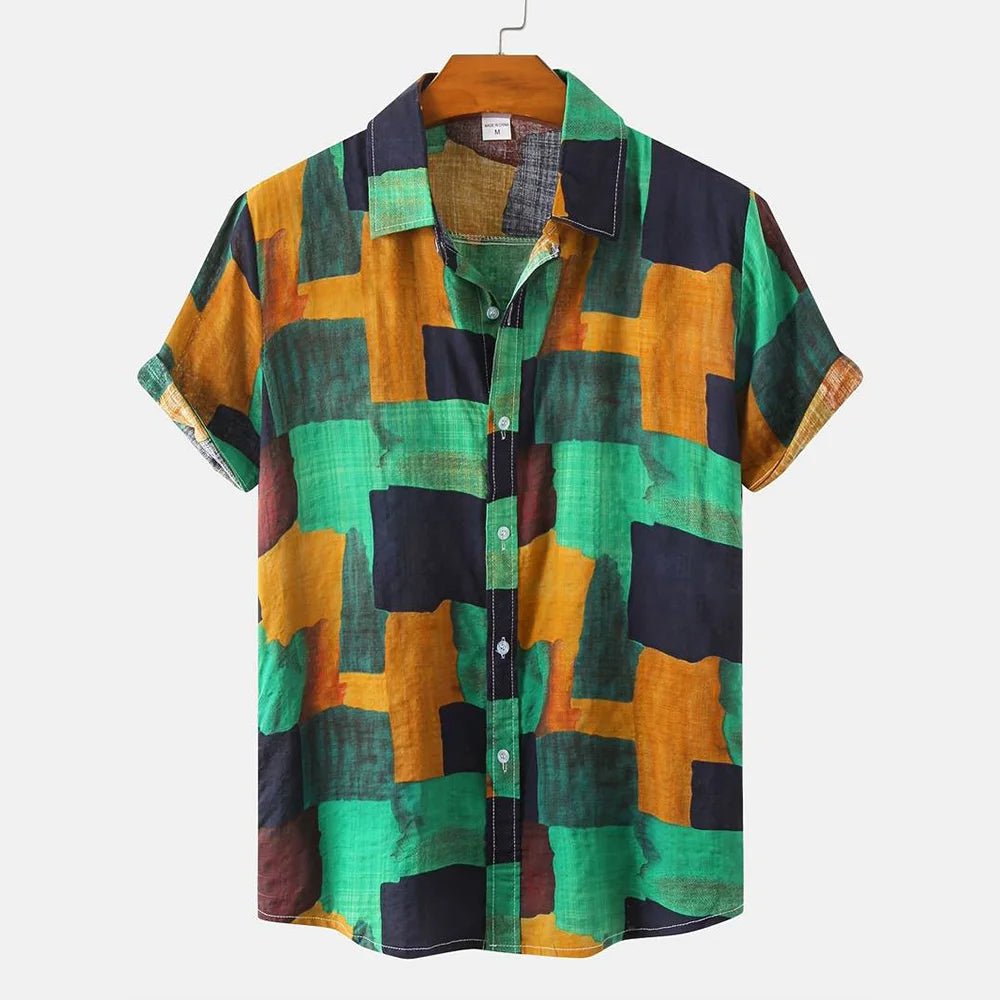 2026 nouveaux hommes d'été à manches courtes chemise Vintage Patchwork imprimé boutonné T-Shirt Hawaii mode confortable chemise à revers - FATAON2026 nouveaux hommes d'été à manches courtes chemise Vintage Patchwork imprimé boutonné T-Shirt Hawaii mode confortable chemise à reversMode HommeFATAON