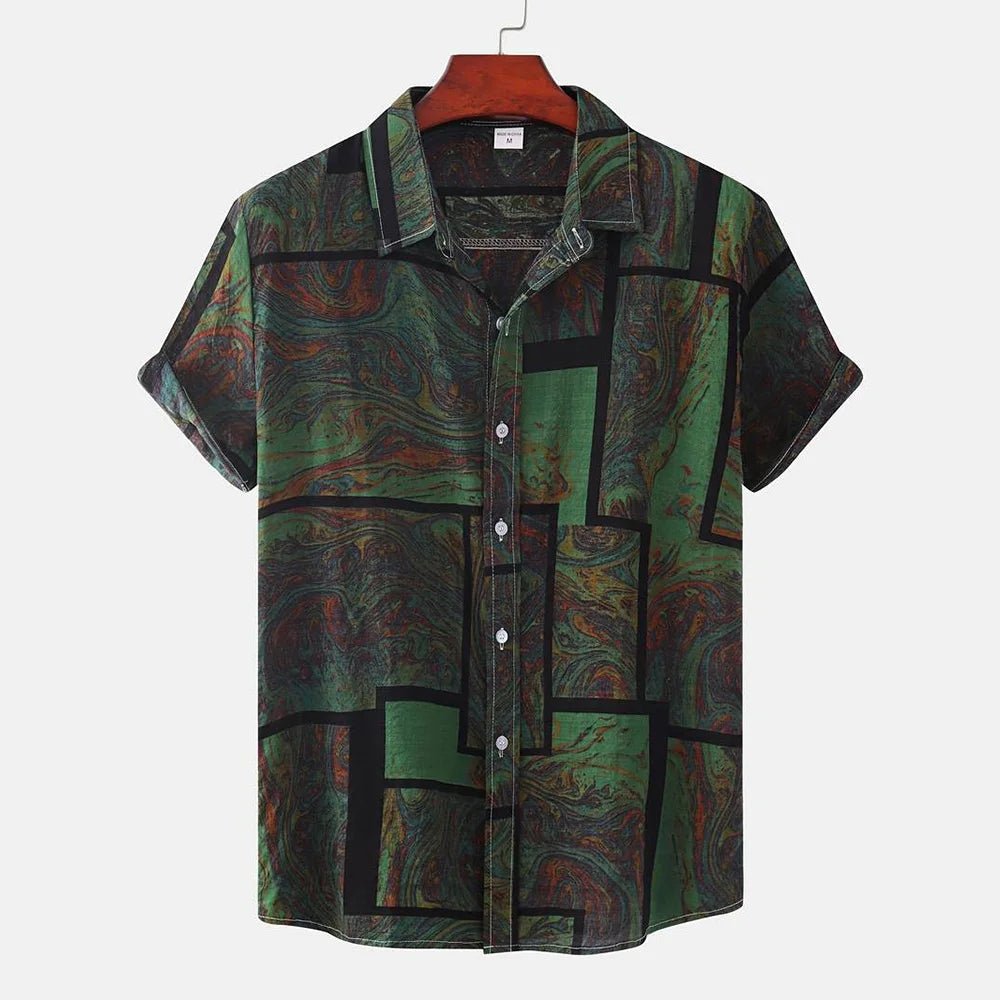 2026 nouveaux hommes d'été à manches courtes chemise Vintage Patchwork imprimé boutonné T-Shirt Hawaii mode confortable chemise à revers - FATAON2026 nouveaux hommes d'été à manches courtes chemise Vintage Patchwork imprimé boutonné T-Shirt Hawaii mode confortable chemise à reversMode HommeFATAON