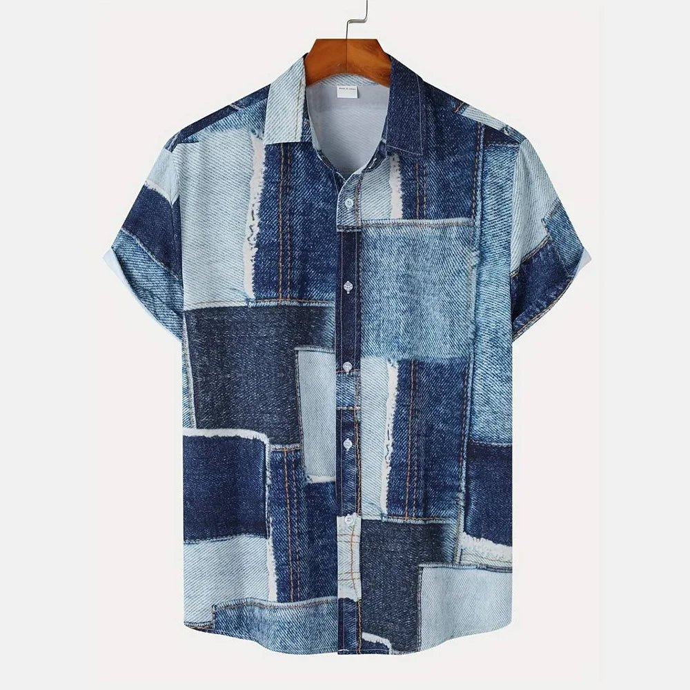 2026 nouveaux hommes d'été à manches courtes chemise Vintage Patchwork imprimé boutonné T-Shirt Hawaii mode confortable chemise à revers - FATAON2026 nouveaux hommes d'été à manches courtes chemise Vintage Patchwork imprimé boutonné T-Shirt Hawaii mode confortable chemise à reversMode HommeFATAON