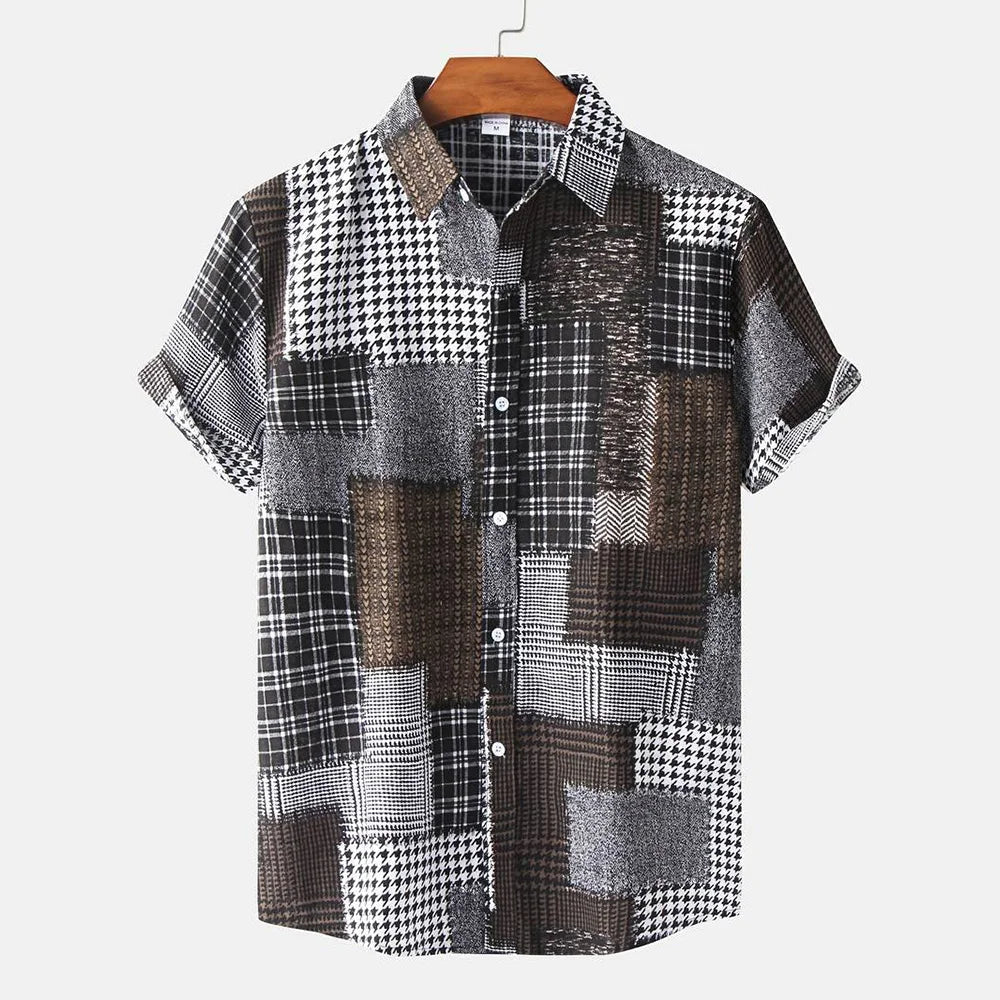 2026 nouveaux hommes d'été à manches courtes chemise Vintage Patchwork imprimé boutonné T-Shirt Hawaii mode confortable chemise à revers - FATAON2026 nouveaux hommes d'été à manches courtes chemise Vintage Patchwork imprimé boutonné T-Shirt Hawaii mode confortable chemise à reversMode HommeFATAON