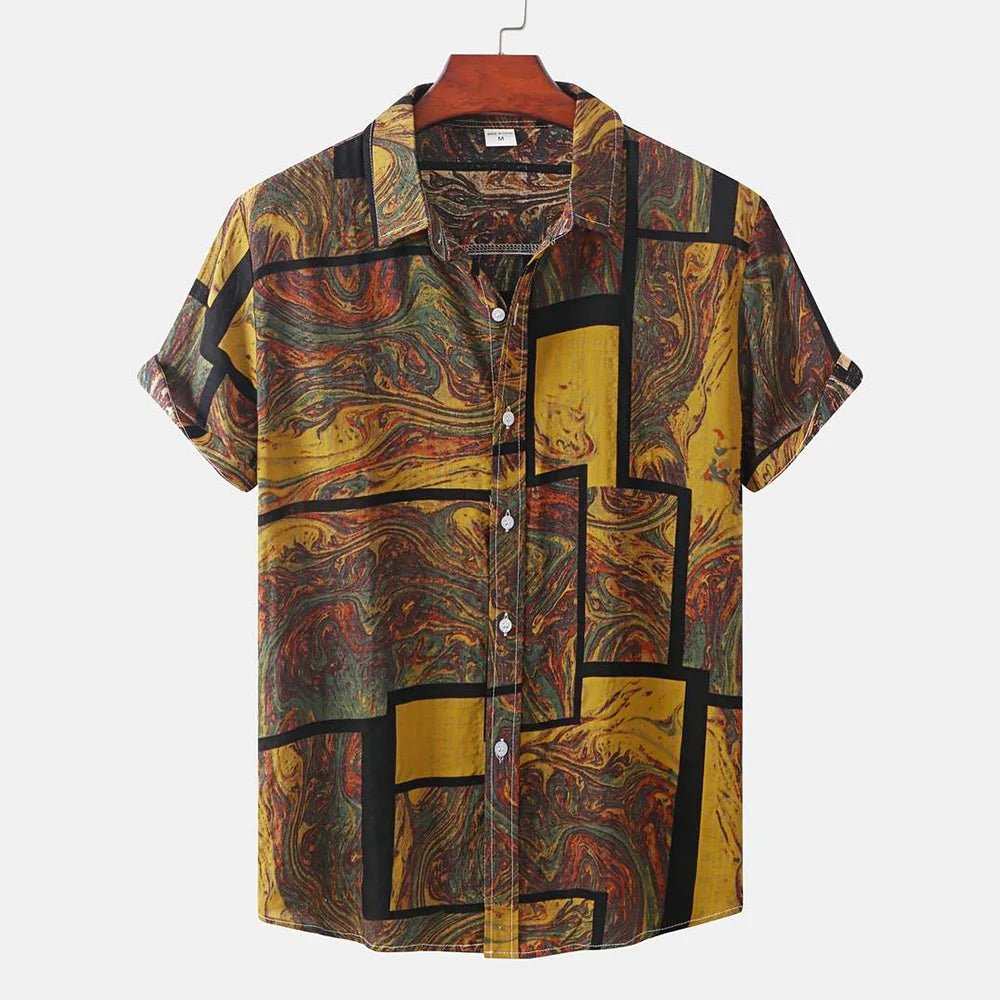 2026 nouveaux hommes d'été à manches courtes chemise Vintage Patchwork imprimé boutonné T-Shirt Hawaii mode confortable chemise à revers - FATAON2026 nouveaux hommes d'été à manches courtes chemise Vintage Patchwork imprimé boutonné T-Shirt Hawaii mode confortable chemise à reversMode HommeFATAON