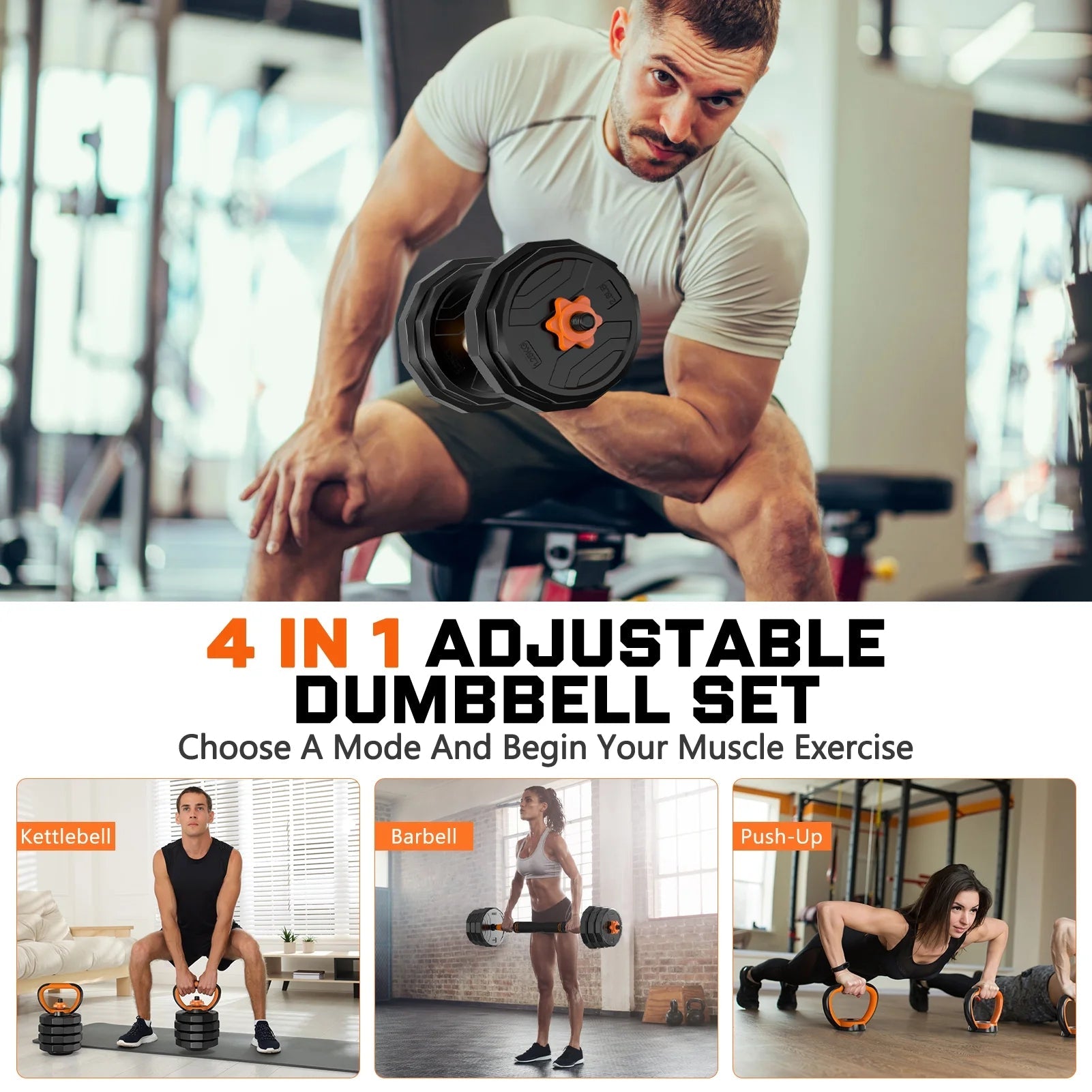 44Lb 4 - In - 1 Adjustable Dumbbells Set Free Weight Set with Connector Used as Barbell, Kettlebells, Push up Stand, Fitness Exercises for Home Gym Suitable Men/Women - Fix & Go44Lb 4 - In - 1 Adjustable Dumbbells Set Free Weight Set with Connector Used as Barbell, Kettlebells, Push up Stand, Fitness Exercises for Home Gym Suitable Men/WomenFix & Go