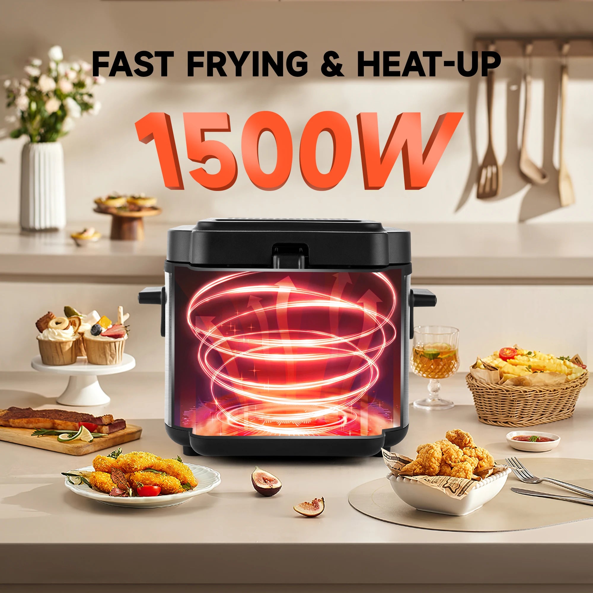 Friteuse électrique 2,5 L 1500 W (prise US) grande capacité pour comptoir, idéale pour poulet frit et frites, certifiée UL