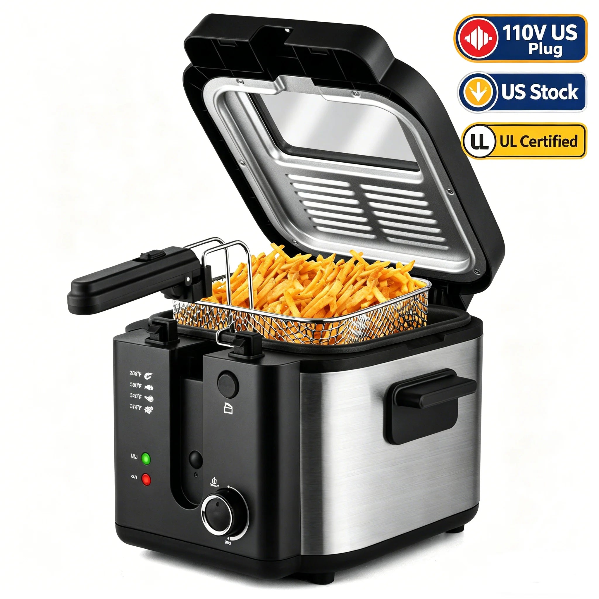 Friteuse électrique 2,5 L 1500 W (prise US) grande capacité pour comptoir, idéale pour poulet frit et frites, certifiée UL