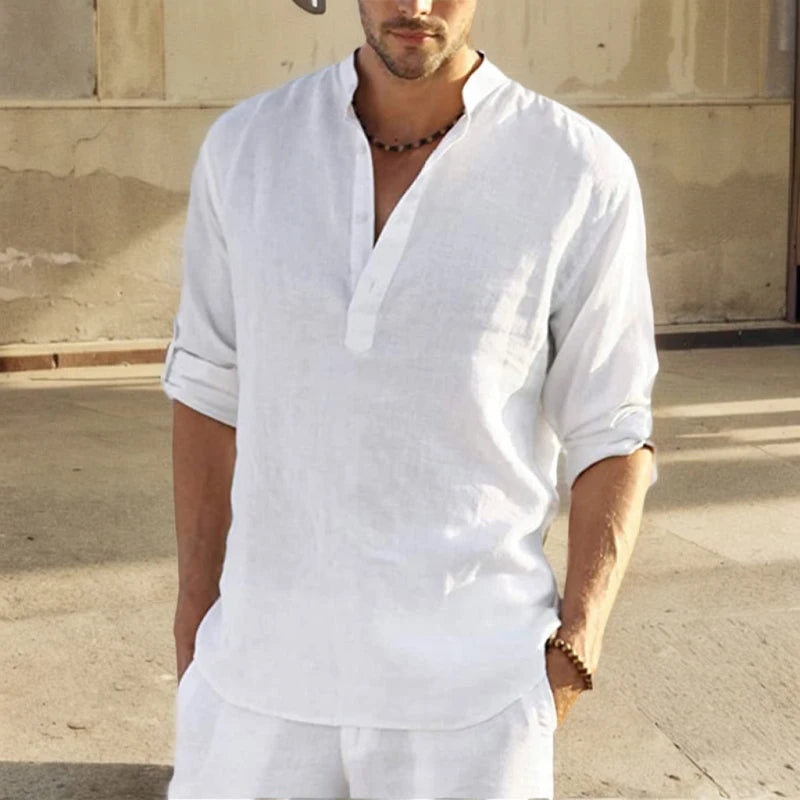 2026 Blouse décontractée ample coton lin hommes chemise mode col montant pur à manches longues t-shirt beau haut ajusté vêtements