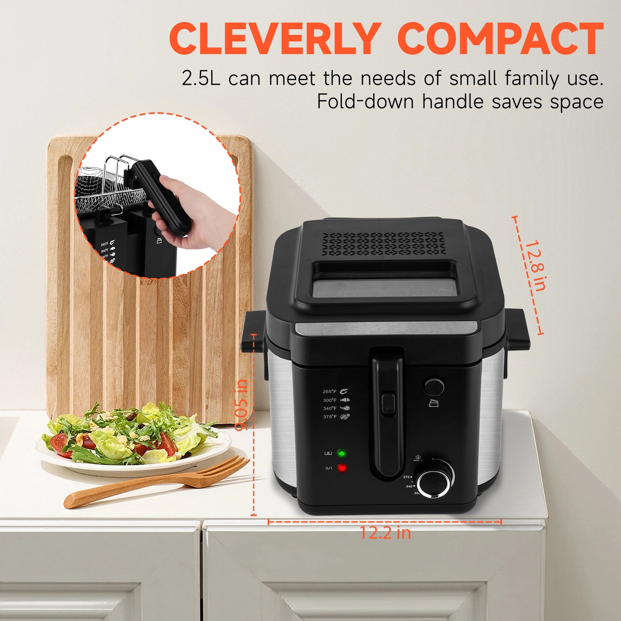Friteuse électrique 2,5 L 1500 W (prise US) grande capacité pour comptoir, idéale pour poulet frit et frites, certifiée UL
