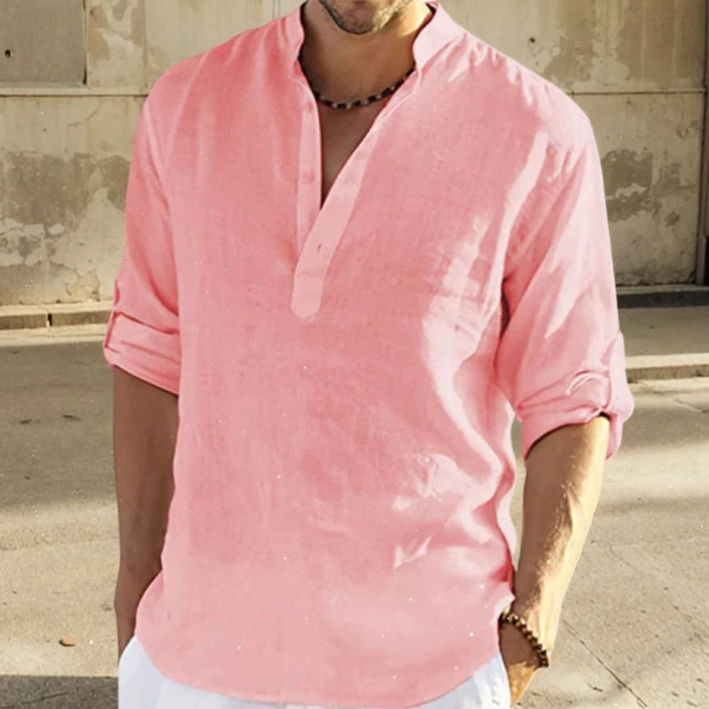 2026 Blouse décontractée ample coton lin hommes chemise mode col montant pur à manches longues t-shirt beau haut ajusté vêtements