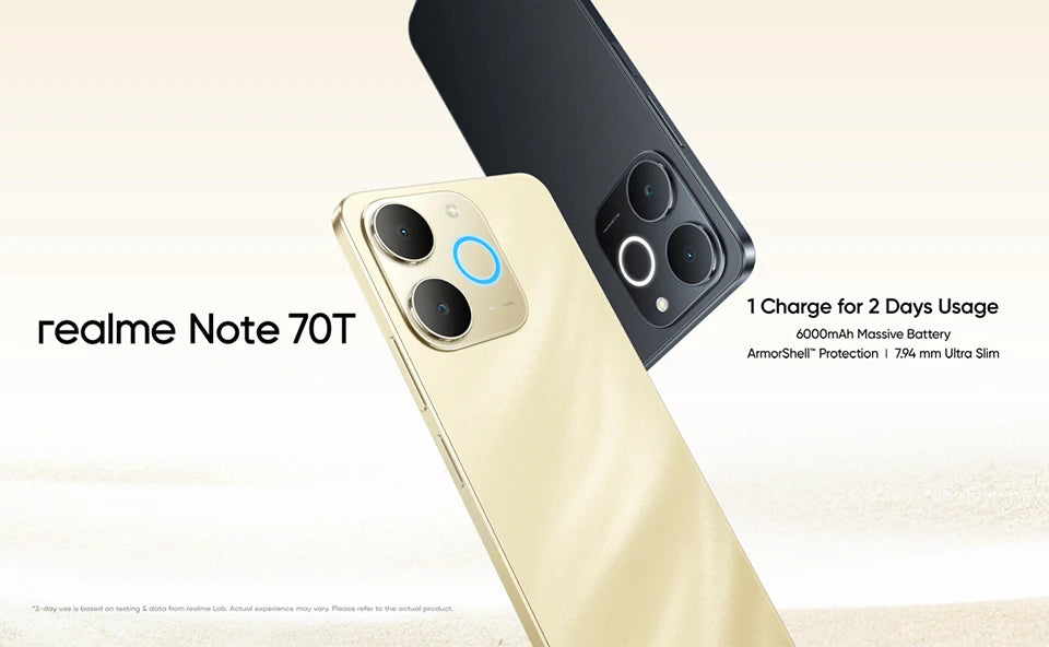 Smartphone Realme Note 70T AI, version mondiale, écran 6,75 pouces 90 Hz, batterie 6000 mAh, appareil photo AI 13 MP, chipset octa-core, IP54