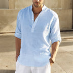2026 Blouse décontractée ample coton lin hommes chemise mode col montant pur à manches longues t-shirt beau haut ajusté vêtements