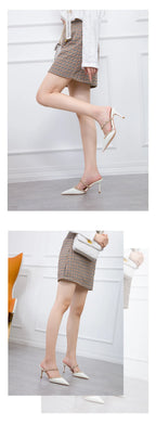 Mode Rivet sans lacet femmes pantoufles nouvel été bout pointu talons hauts chaussures fête en cuir verni creux Sexy femme sandale robe