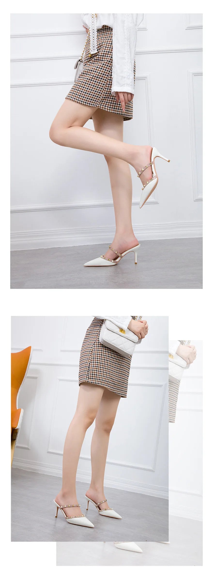 Mode Rivet sans lacet femmes pantoufles nouvel été bout pointu talons hauts chaussures fête en cuir verni creux Sexy femme sandale robe