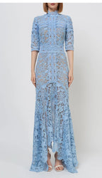 Robe en dentelle bleue mature légère, robe irrégulière, coupe haute et basse, longue, à la mode