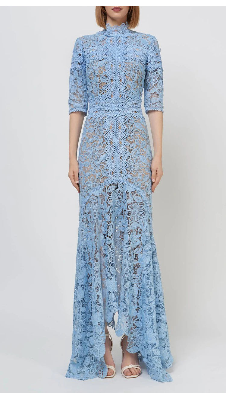 Robe en dentelle bleue mature légère, robe irrégulière, coupe haute et basse, longue, à la mode
