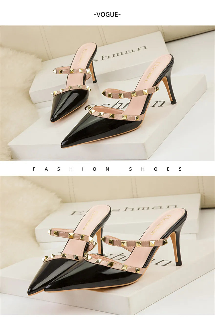 Mode Rivet sans lacet femmes pantoufles nouvel été bout pointu talons hauts chaussures fête en cuir verni creux Sexy femme sandale robe