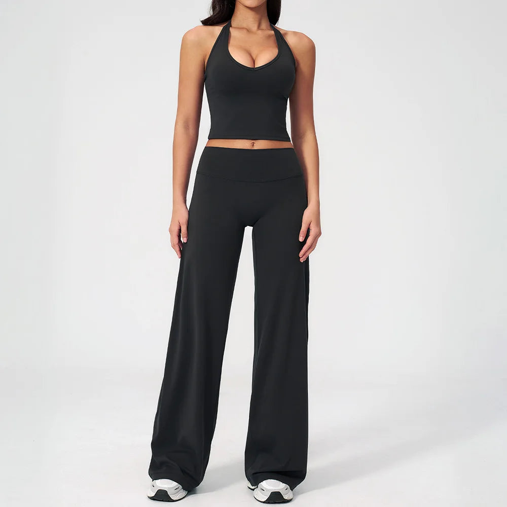 CIYING Women High Waisted Wide Leg Yoga Pants and Crop Top Set Custom Wide Leg Yoga Pants Vest Crop Top Casual Pants Set