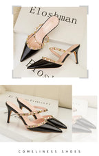 Mode Rivet sans lacet femmes pantoufles nouvel été bout pointu talons hauts chaussures fête en cuir verni creux Sexy femme sandale robe