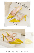 Mode Rivet sans lacet femmes pantoufles nouvel été bout pointu talons hauts chaussures fête en cuir verni creux Sexy femme sandale robe