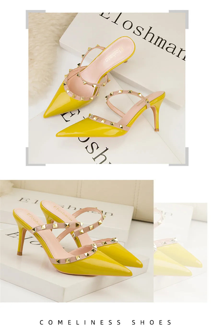 Mode Rivet sans lacet femmes pantoufles nouvel été bout pointu talons hauts chaussures fête en cuir verni creux Sexy femme sandale robe