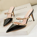 Mode Rivet sans lacet femmes pantoufles nouvel été bout pointu talons hauts chaussures fête en cuir verni creux Sexy femme sandale robe