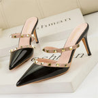 Mode Rivet sans lacet femmes pantoufles nouvel été bout pointu talons hauts chaussures fête en cuir verni creux Sexy femme sandale robe