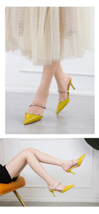 Mode Rivet sans lacet femmes pantoufles nouvel été bout pointu talons hauts chaussures fête en cuir verni creux Sexy femme sandale robe