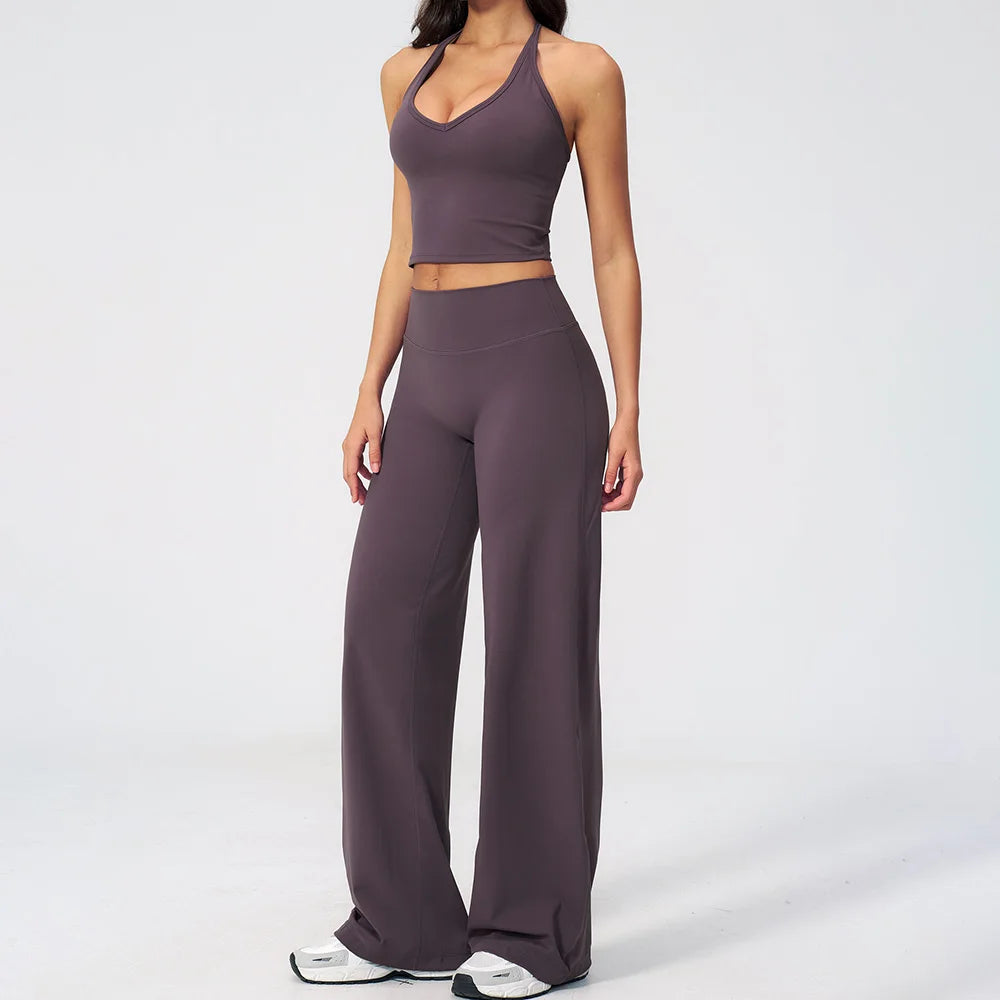 CIYING Women High Waisted Wide Leg Yoga Pants and Crop Top Set Custom Wide Leg Yoga Pants Vest Crop Top Casual Pants Set