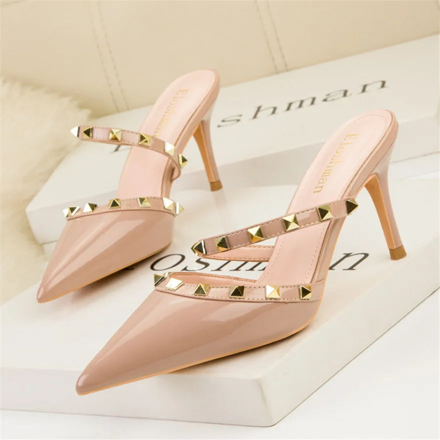 Mode Rivet sans lacet femmes pantoufles nouvel été bout pointu talons hauts chaussures fête en cuir verni creux Sexy femme sandale robe