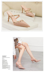 Mode Rivet sans lacet femmes pantoufles nouvel été bout pointu talons hauts chaussures fête en cuir verni creux Sexy femme sandale robe