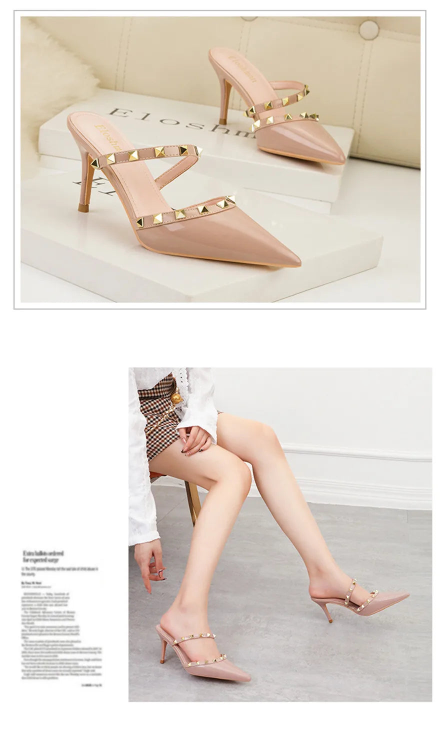 Mode Rivet sans lacet femmes pantoufles nouvel été bout pointu talons hauts chaussures fête en cuir verni creux Sexy femme sandale robe