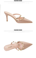 Mode Rivet sans lacet femmes pantoufles nouvel été bout pointu talons hauts chaussures fête en cuir verni creux Sexy femme sandale robe