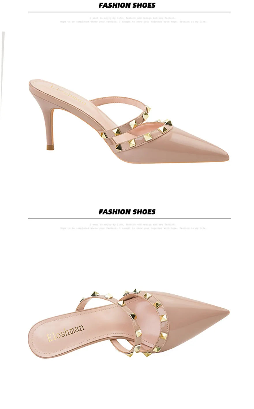 Mode Rivet sans lacet femmes pantoufles nouvel été bout pointu talons hauts chaussures fête en cuir verni creux Sexy femme sandale robe