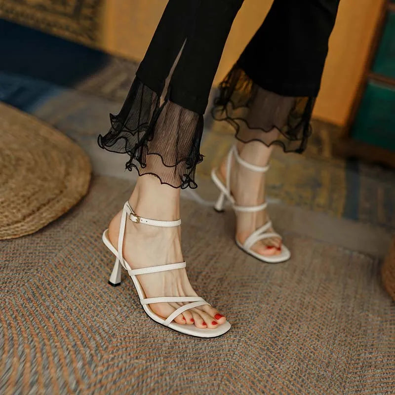 Sandales à Lanières de Rinçage pour Femme, Estivale, Sexy, ix, Parka Ouverte, Talons Hauts, Mode, Beige, Abricot, Un Mot, 2026