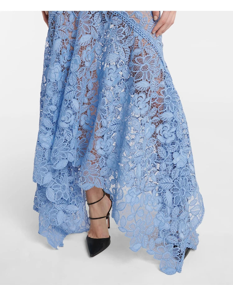 Robe en dentelle bleue mature légère, robe irrégulière, coupe haute et basse, longue, à la mode
