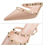 Mode Rivet sans lacet femmes pantoufles nouvel été bout pointu talons hauts chaussures fête en cuir verni creux Sexy femme sandale robe