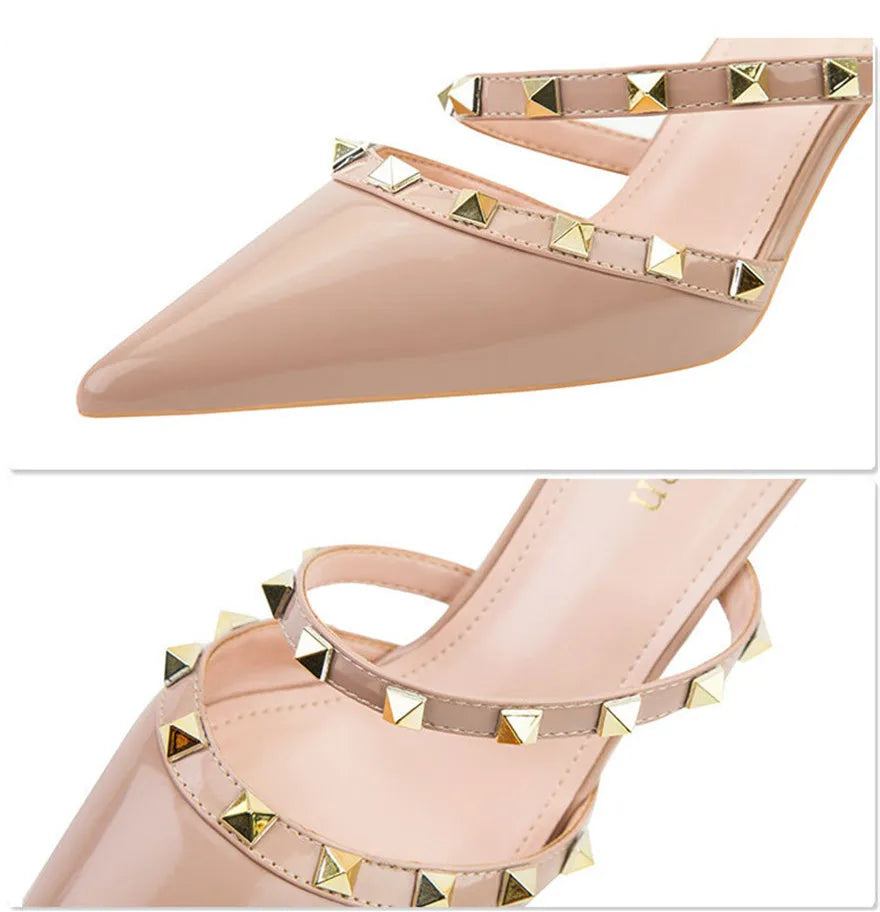 Mode Rivet sans lacet femmes pantoufles nouvel été bout pointu talons hauts chaussures fête en cuir verni creux Sexy femme sandale robe
