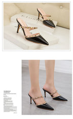 Mode Rivet sans lacet femmes pantoufles nouvel été bout pointu talons hauts chaussures fête en cuir verni creux Sexy femme sandale robe