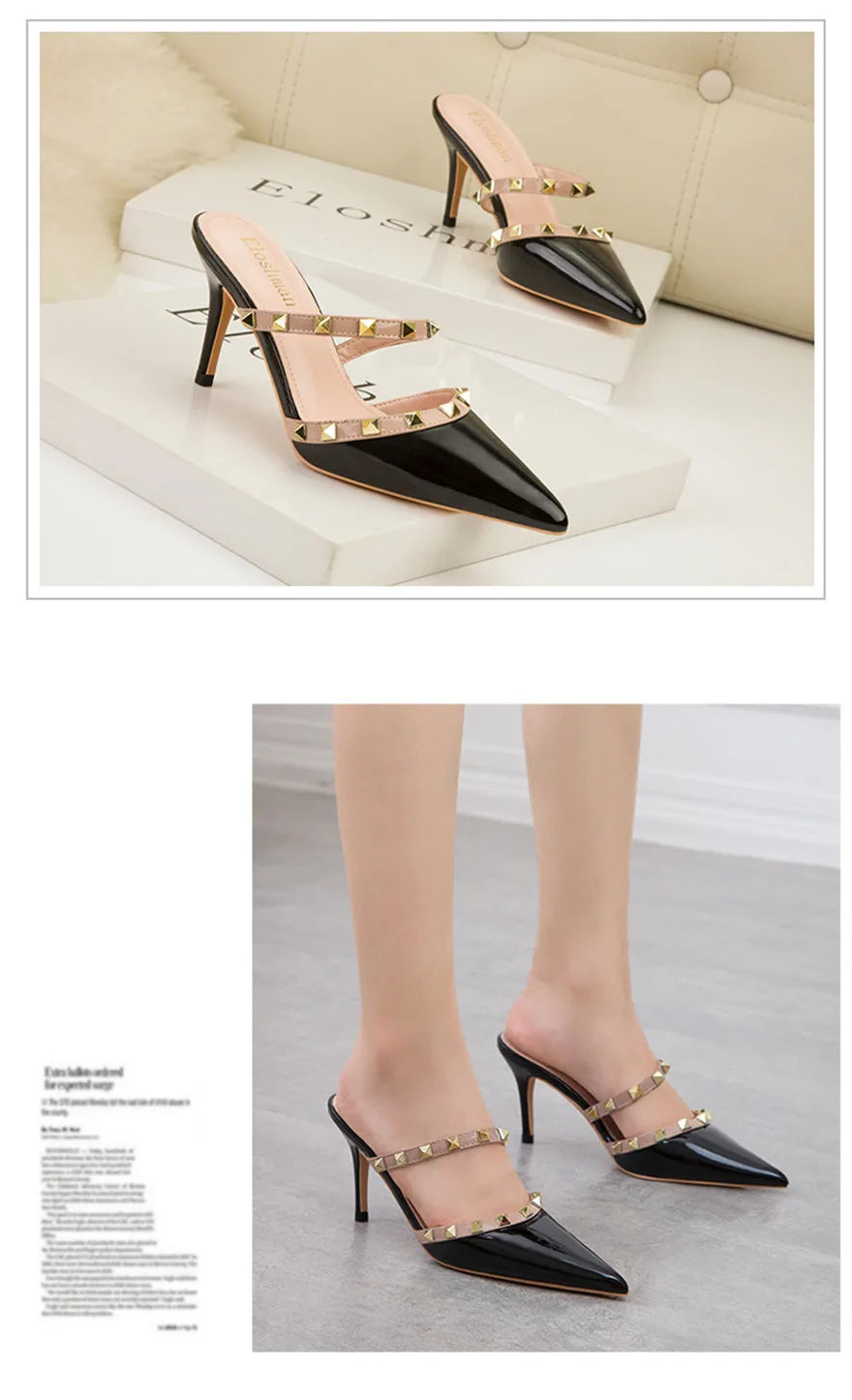 Mode Rivet sans lacet femmes pantoufles nouvel été bout pointu talons hauts chaussures fête en cuir verni creux Sexy femme sandale robe