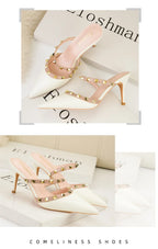 Mode Rivet sans lacet femmes pantoufles nouvel été bout pointu talons hauts chaussures fête en cuir verni creux Sexy femme sandale robe