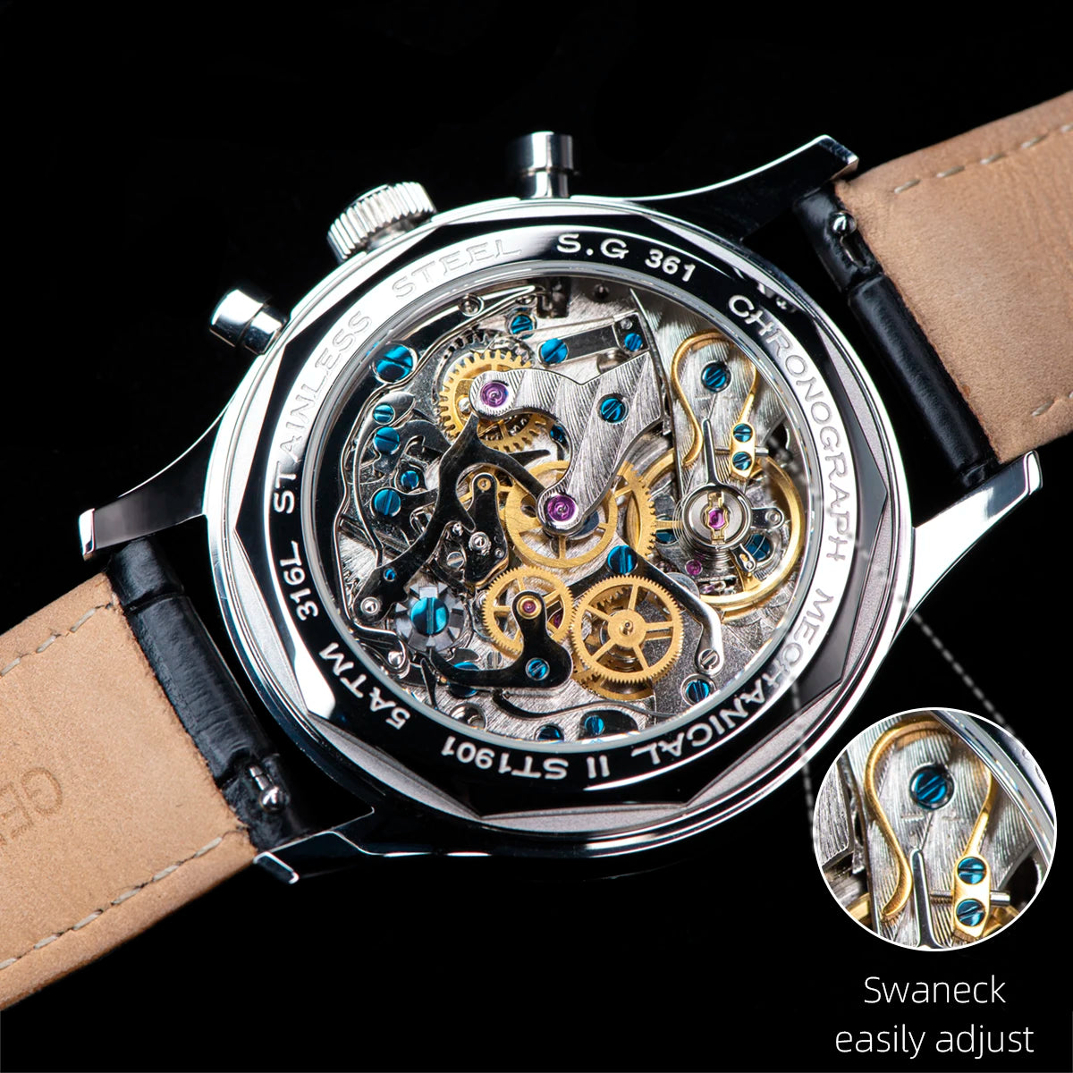 Sugess – montre-bracelet pour hommes, ST1908, mouvement à col de cygne, chronographe mécanique, véritable calendrier de phase de lune, cuir Vintage, nouveau 2026