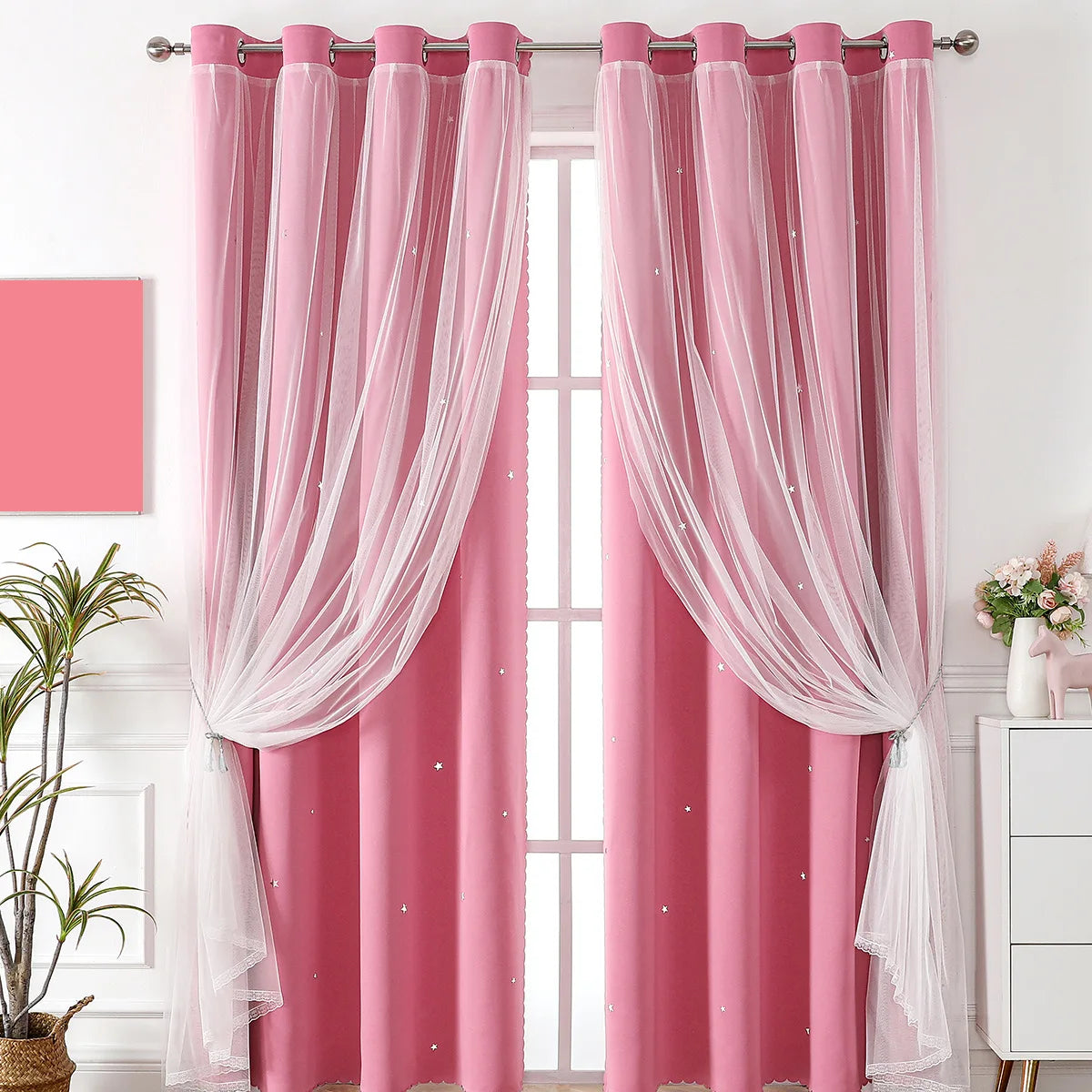 Cross-border for Exclusive Customized Polyester Lace Double-layer Sheer Curtains Grommet Left/Right Biparting Open Curtains