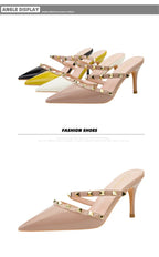 Mode Rivet sans lacet femmes pantoufles nouvel été bout pointu talons hauts chaussures fête en cuir verni creux Sexy femme sandale robe