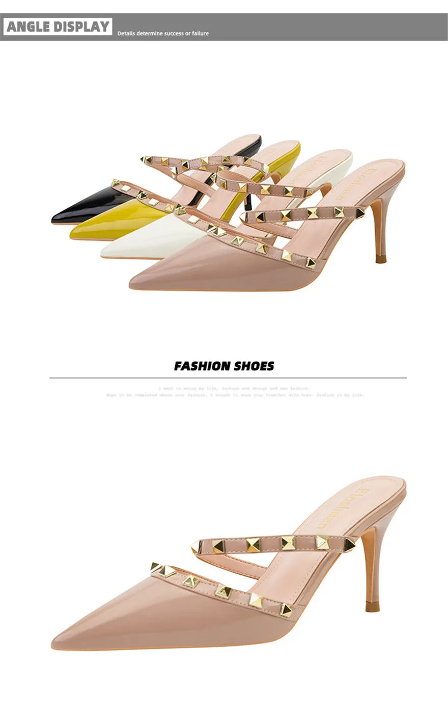Mode Rivet sans lacet femmes pantoufles nouvel été bout pointu talons hauts chaussures fête en cuir verni creux Sexy femme sandale robe
