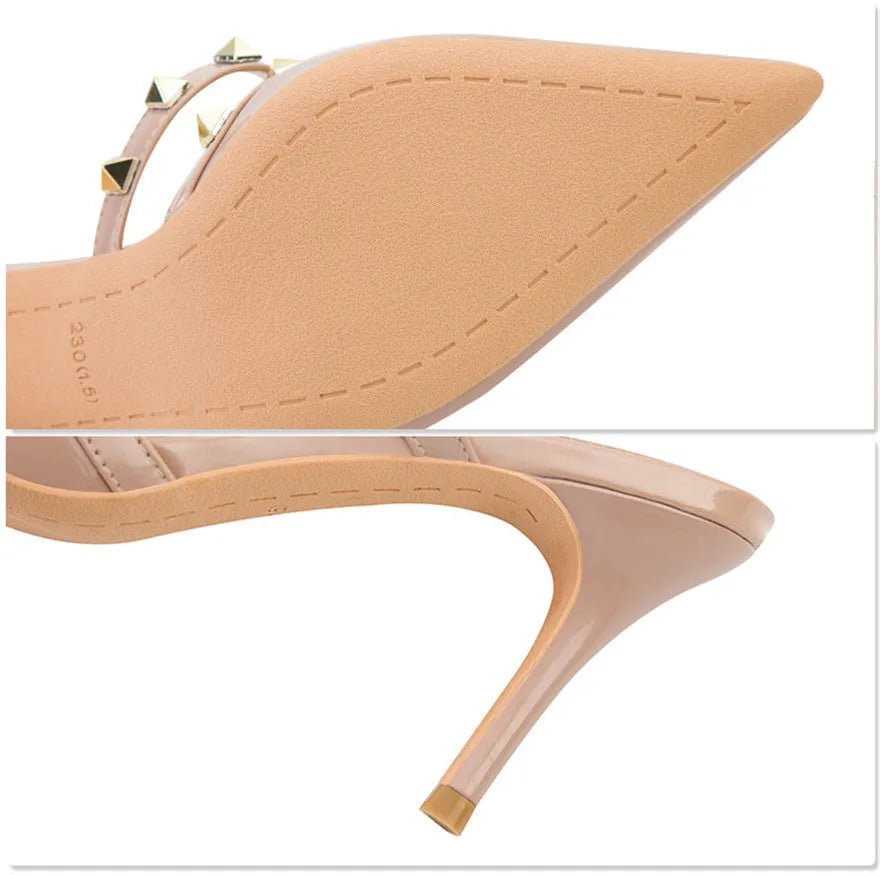 Mode Rivet sans lacet femmes pantoufles nouvel été bout pointu talons hauts chaussures fête en cuir verni creux Sexy femme sandale robe
