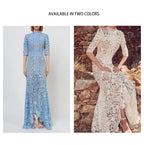 Robe en dentelle bleue mature légère, robe irrégulière, coupe haute et basse, longue, à la mode
